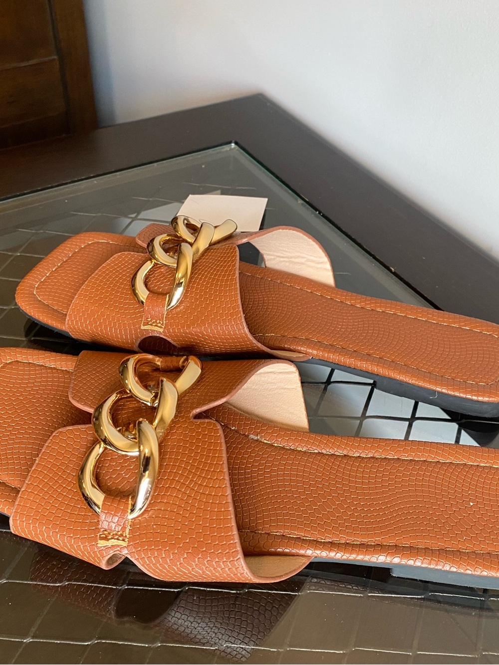 Women’s Tan Slide Sandals with Gold Chain Detail